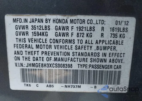 2012 Honda Fit z USA, uszkodzony, nr VIN JHMGE8H3XCS008398